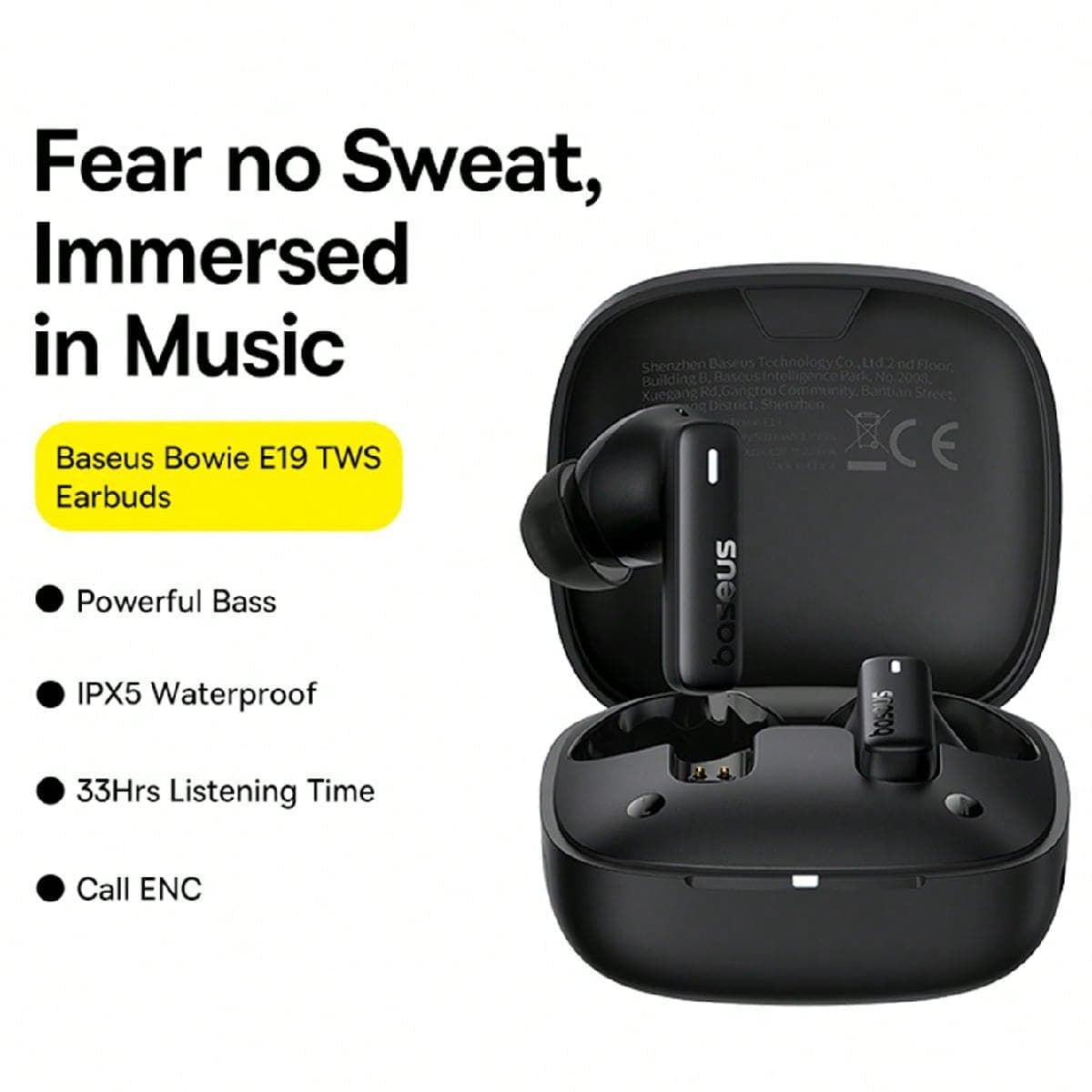 Écouteurs sans fil Baseus Bowie E19 Bluetooth 5.3, gros son de basse avec pilotes de 12 mm, écouteurs étanches IPX5 avec batterie de 33 heures